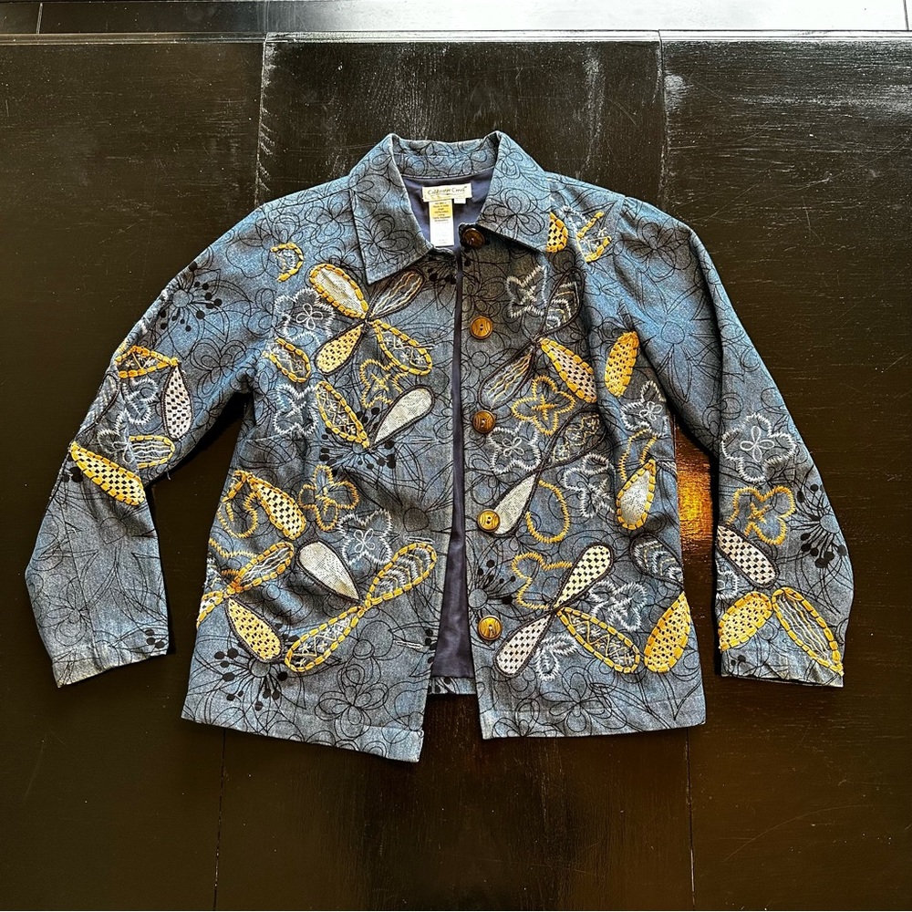 Vintage XS Denim Jacket Floral Artsy Drawings Jean Jacket Grandma Embroidery